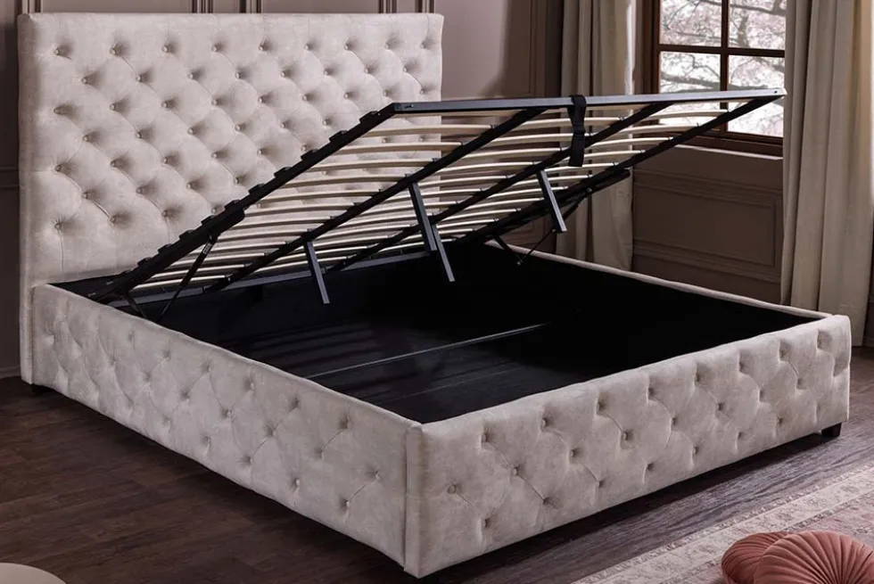 Design Boxbett PARIS 160x200cm champagner beige Samt mit Stauraum und Lattenrost