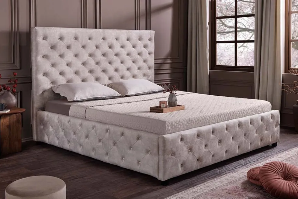 Design Boxbett PARIS 160x200cm champagner beige Samt mit Stauraum und Lattenrost