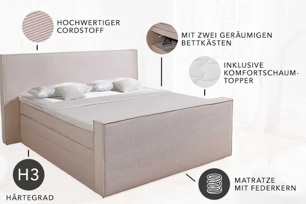 Design Boxspringbett SIGNUM 180x200cm beige Cord inkl. Topper Matratze und Stauraum