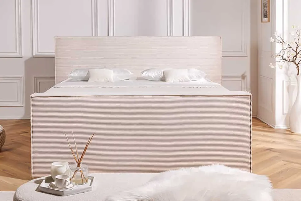 Design Boxspringbett SIGNUM 180x200cm beige Cord inkl. Topper Matratze und Stauraum