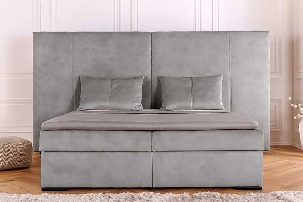 Design Boxspringbett SUITE HOTELBETT 180x200cm silber grau Samt inkl. Stauraum Topper