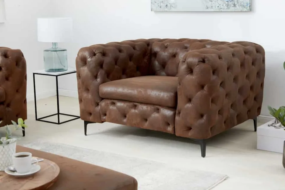 Design Chesterfield Sessel MODERN BAROCK 120cm antik braun Microfaser mit Federkern