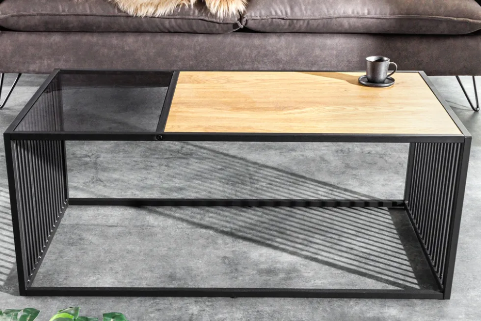 Design Couchtisch ARCHITECTURE 100cm schwarz Wildeiche Rauchglas Metall Holz