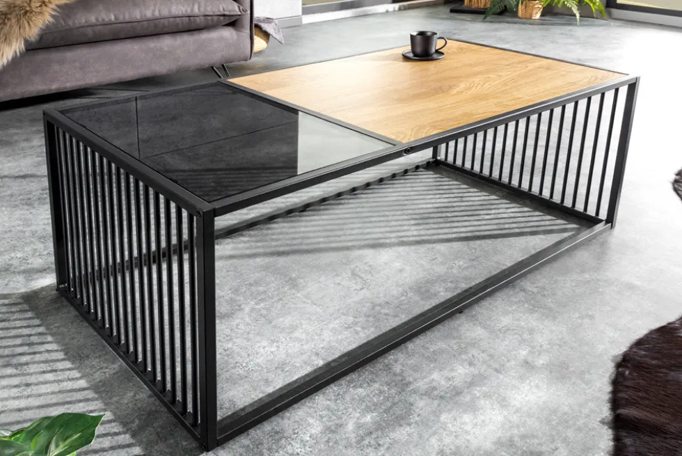Design Couchtisch ARCHITECTURE 100cm schwarz Wildeiche Rauchglas Metall Holz