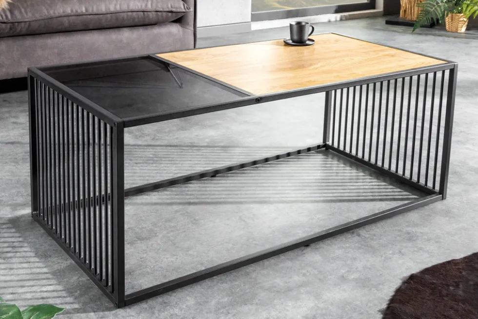 Design Couchtisch ARCHITECTURE 100cm schwarz Wildeiche Rauchglas Metall Holz