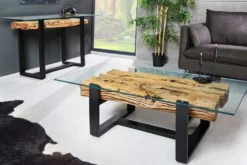 Design Couchtisch BARRACUDA 130cm recyceltes Teakholz Glasplatte schwarz Edelstahl Industrial