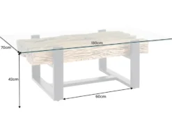 Design Couchtisch BARRACUDA 130cm recyceltes Teakholz Glasplatte schwarz Edelstahl Industrial