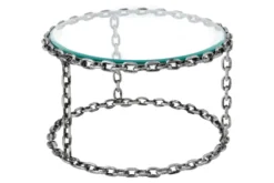 Design Couchtisch CHAINS 65cm silber handmade Metall rund Glasplatte Kettengestell