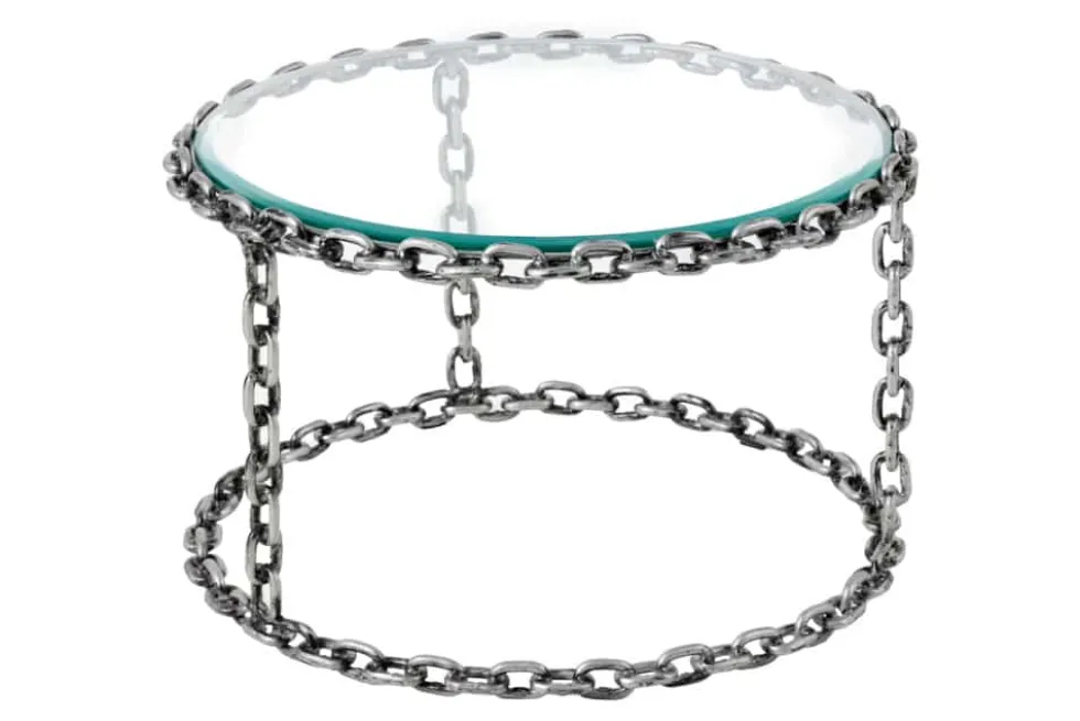 Design Couchtisch CHAINS 65cm silber handmade Metall rund Glasplatte Kettengestell
