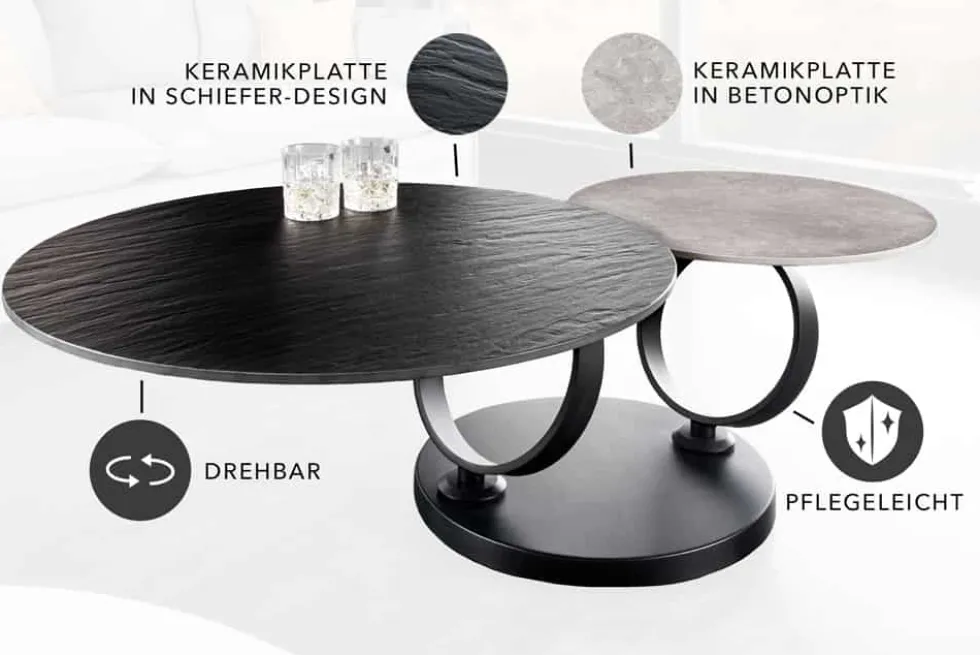 Design Couchtisch DANCING RINGS schwarz grau rund drehbar Keramik Metall