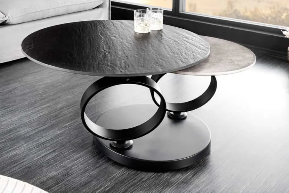 Design Couchtisch DANCING RINGS schwarz grau rund drehbar Keramik Metall