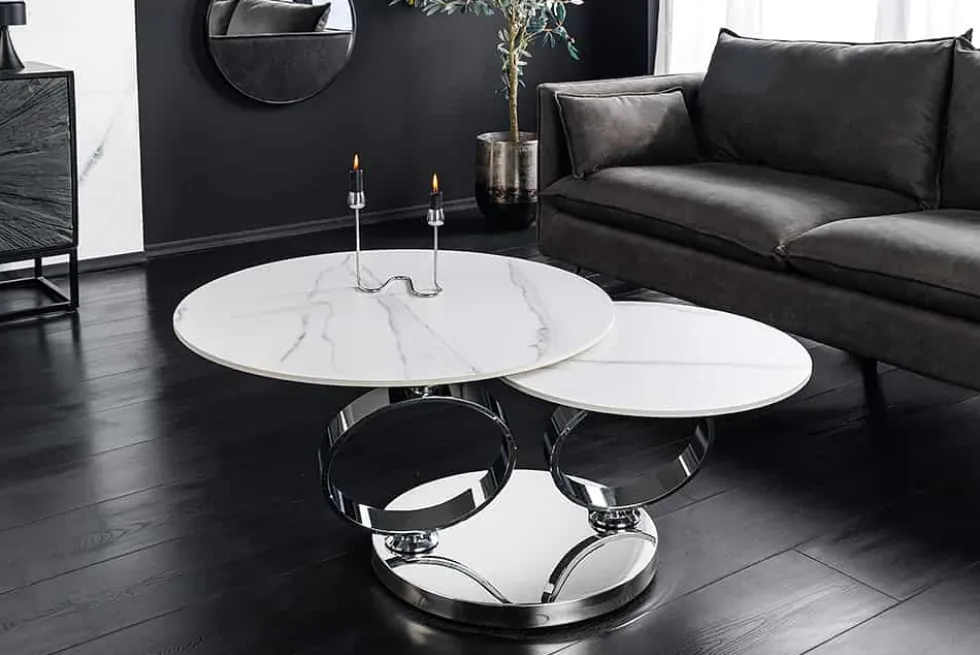 Design Couchtisch DANCING RINGS weiß rund drehbar Marmor Keramik Chrome Gestell