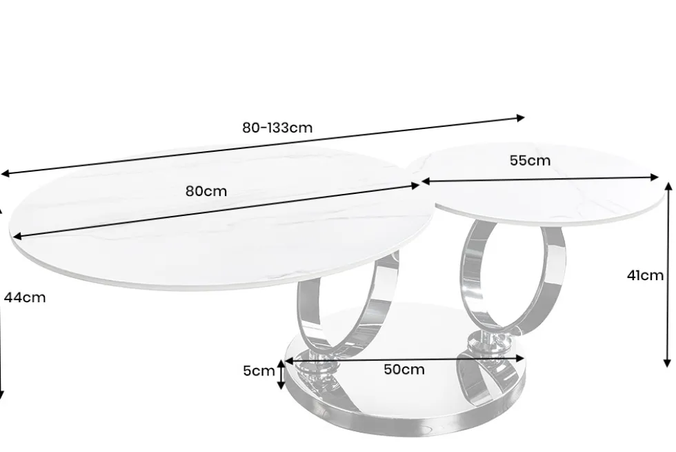 Design Couchtisch DANCING RINGS weiß rund drehbar Marmor Keramik Chrome Gestell