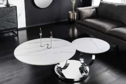 Design Couchtisch DANCING RINGS weiß rund drehbar Marmor Keramik Chrome Gestell