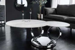 Design Couchtisch DANCING RINGS weiß rund drehbar Marmor Keramik Chrome Gestell