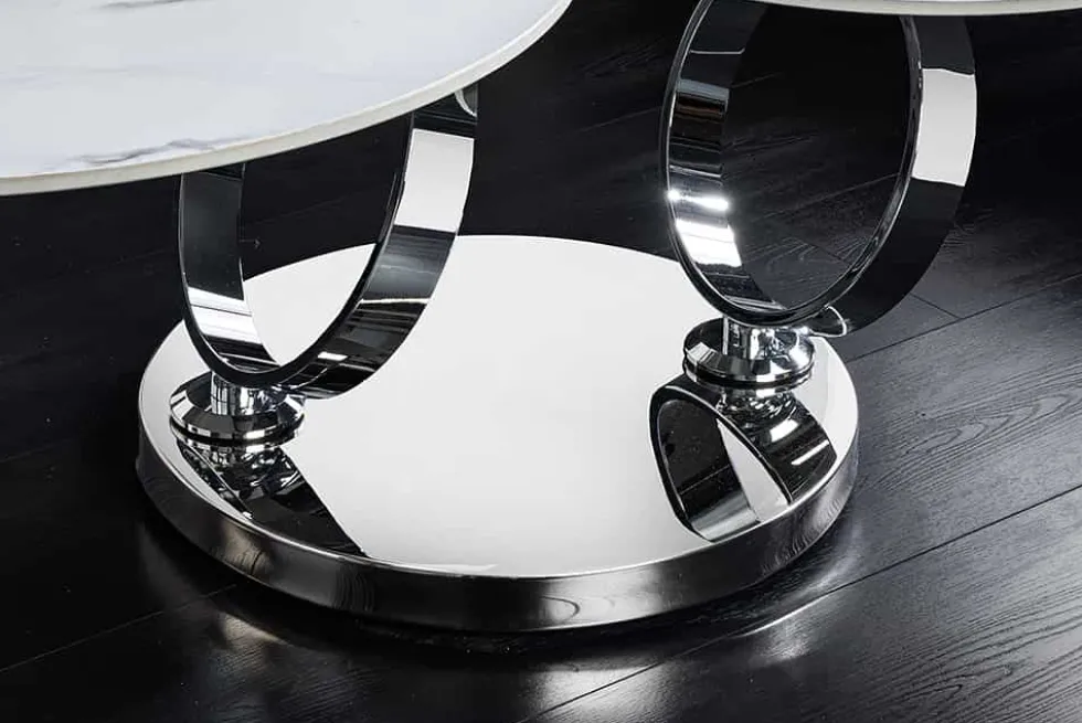 Design Couchtisch DANCING RINGS weiß rund drehbar Marmor Keramik Chrome Gestell