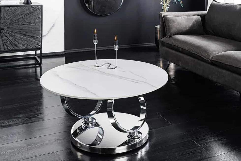 Design Couchtisch DANCING RINGS weiß rund drehbar Marmor Keramik Chrome Gestell