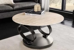 Design Couchtisch DANCING RINGS rost rund drehbar Travertin Keramik schwarz Gestell