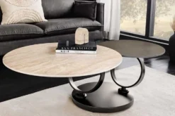 Design Couchtisch DANCING RINGS rost rund drehbar Travertin Keramik schwarz Gestell