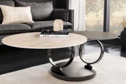 Design Couchtisch DANCING RINGS rost rund drehbar Travertin Keramik schwarz Gestell