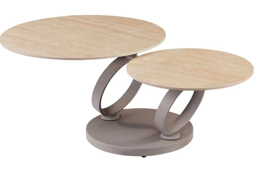 Design Couchtisch DANCING RINGS natur rund drehbar Travertin Keramik champagner greige