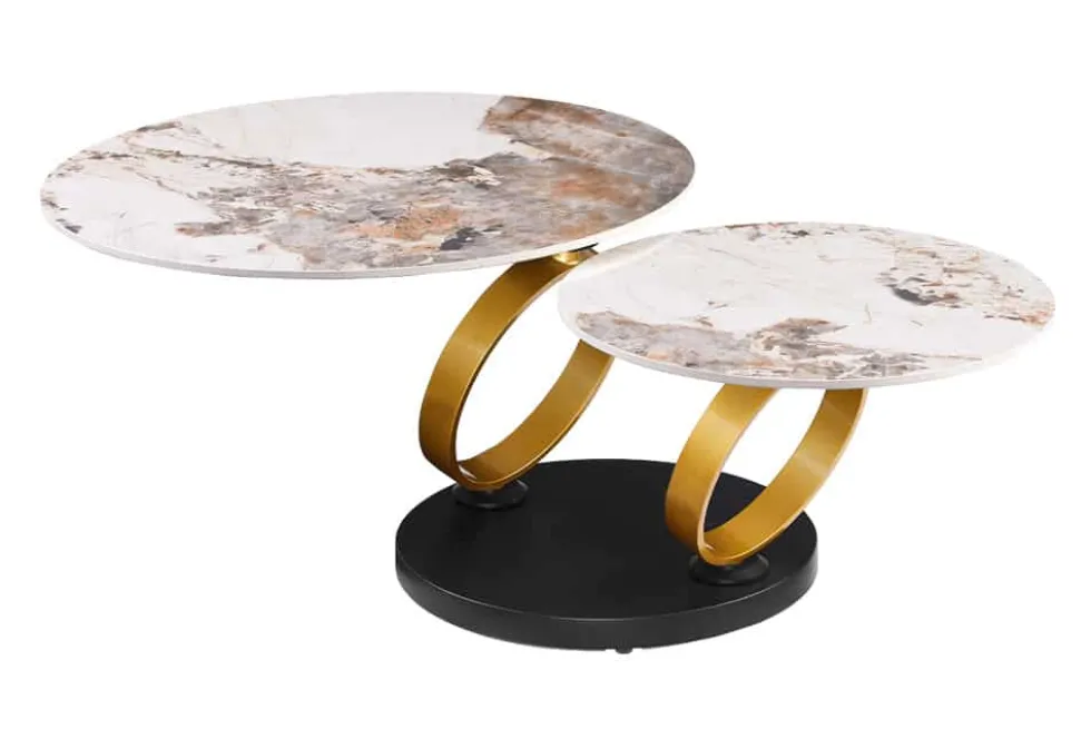 Design Couchtisch DANCING RINGS weiß braun rund drehbar Pandora Keramik gold