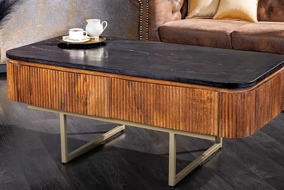 Design Couchtisch GATSBY 110cm Mangoholz massiv Marmor-Platte Retro mit Schubladen gold