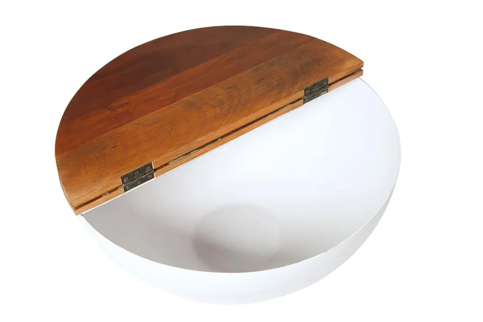 Design Couchtisch JAKARTA 70cm weiß Massivholz rund aus recycelten Fischerbooten mit Stauraum