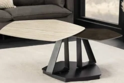Design Couchtisch MOVEMENT rost Pentagon drehbar Travertin Keramik schwarz Metall
