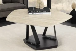 Design Couchtisch MOVEMENT rost Pentagon drehbar Travertin Keramik schwarz Metall