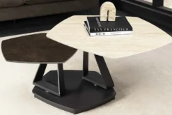 Design Couchtisch MOVEMENT rost Pentagon drehbar Travertin Keramik schwarz Metall