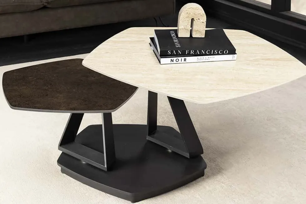 Design Couchtisch MOVEMENT rost Pentagon drehbar Travertin Keramik schwarz Metall