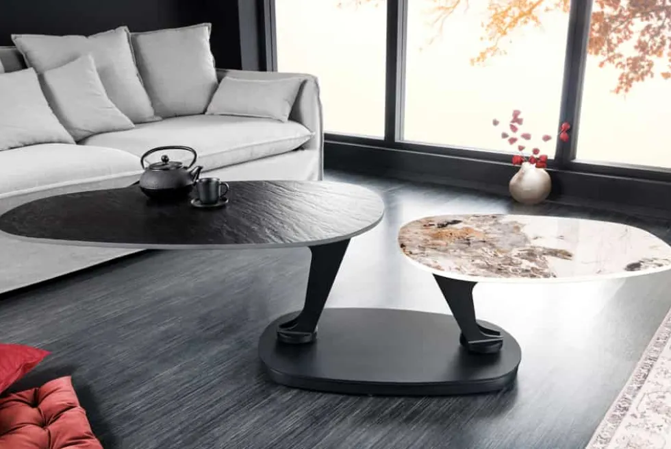 Design Couchtisch MOVEMENT schwarz rund drehbar Pandora Keramik Metallgestell