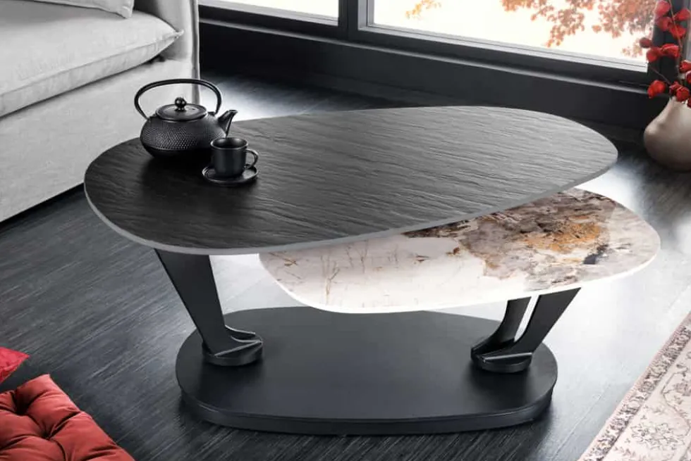 Design Couchtisch MOVEMENT schwarz rund drehbar Pandora Keramik Metallgestell