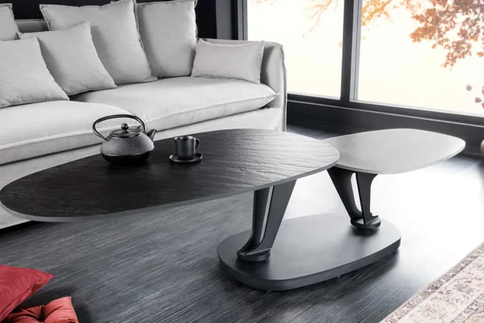 Design Couchtisch MOVEMENT schwarz grau rund drehbar Keramik Metallgestell