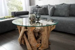 Design Couchtisch NATURE LOUNGE 60cm Teakholz mit runder Glasplatte Beistelltisch
