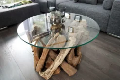 Design Couchtisch NATURE LOUNGE 60cm Teakholz mit runder Glasplatte Beistelltisch