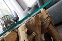 Design Couchtisch NATURE LOUNGE 60cm Teakholz mit runder Glasplatte Beistelltisch