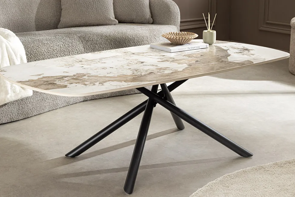 Design Couchtisch OSAKA 110cm weiß schwarz Pandora Keramik mit Sterngestell