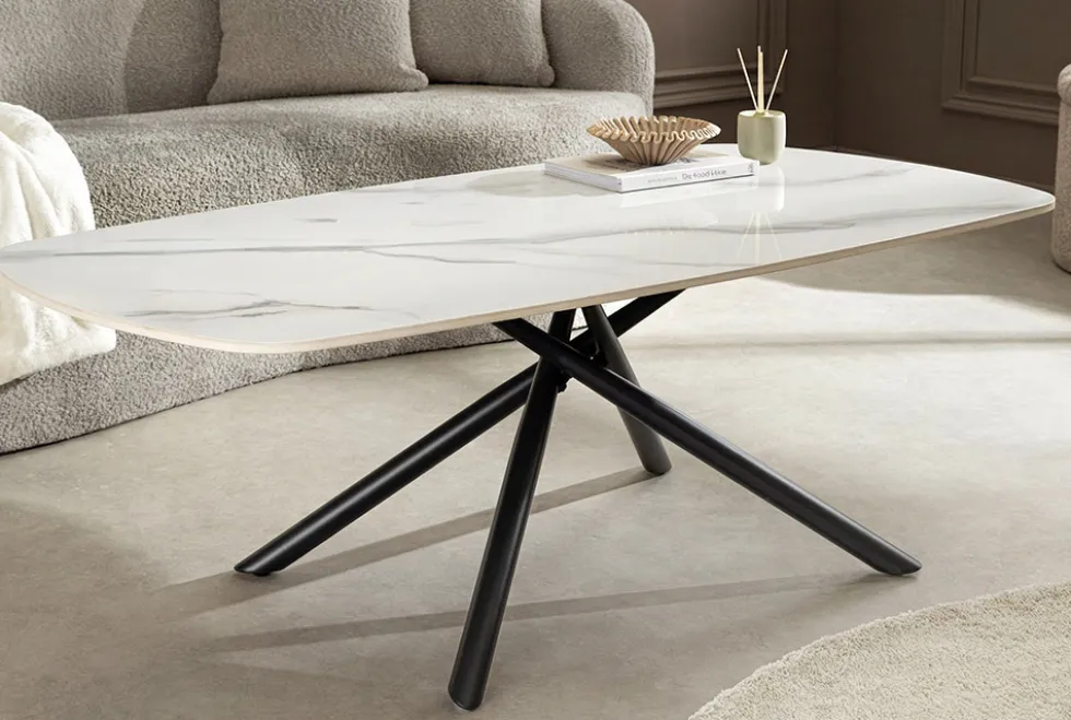 Design Couchtisch OSAKA 110cm weiß Keramik schwarz Sterngestell Metall