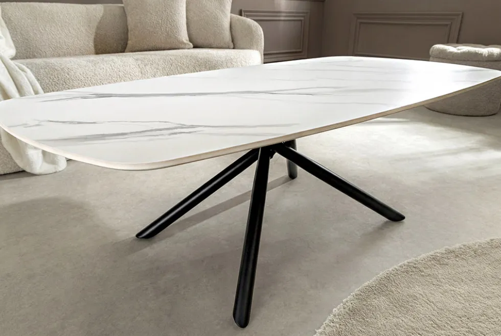 Design Couchtisch OSAKA 110cm weiß Keramik schwarz Sterngestell Metall