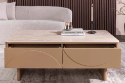 Design Couchtisch SAVOY 120cm grau beige greige Keramik Travertin mit Schublade