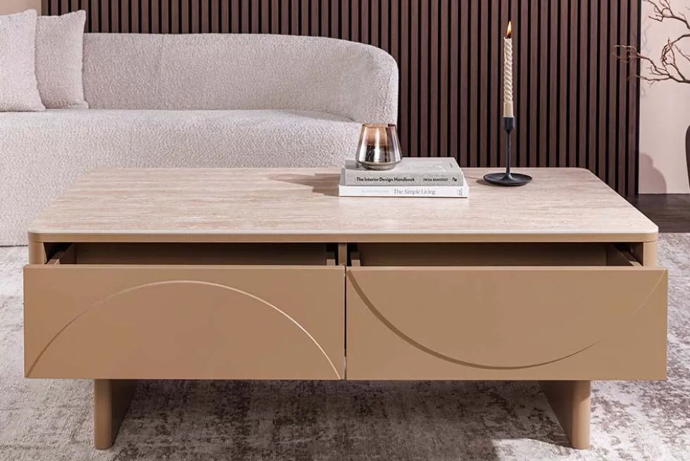 Design Couchtisch SAVOY 120cm grau beige greige Keramik Travertin mit Schublade