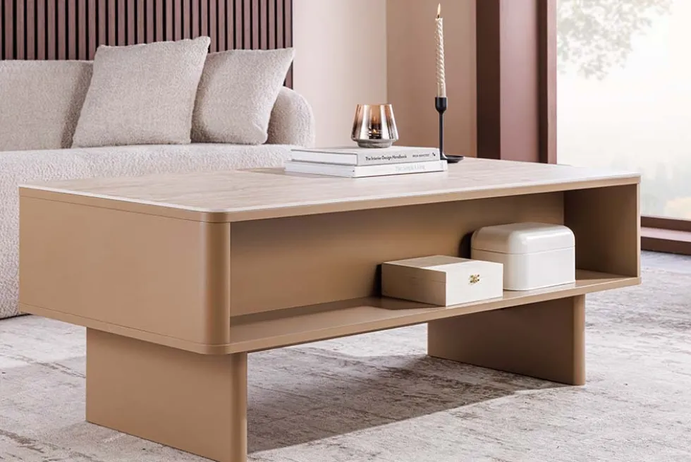 Design Couchtisch SAVOY 120cm grau beige greige Keramik Travertin mit Schublade