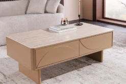 Design Couchtisch SAVOY 120cm grau beige greige Keramik Travertin mit Schublade