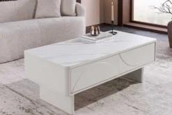 Design Couchtisch SAVOY 120cm kaschmir weiß Keramik Marmor mit Schubladen