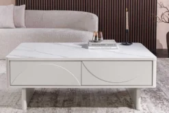Design Couchtisch SAVOY 120cm kaschmir weiß Keramik Marmor mit Schubladen