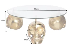 Design Couchtisch SKULL XXL 90cm gold rund Glasplatte Metall Totenkopf handmade