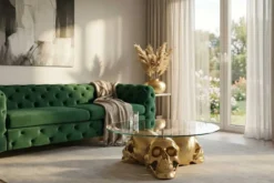 Design Couchtisch SKULL XXL 90cm gold rund Glasplatte Metall Totenkopf handmade