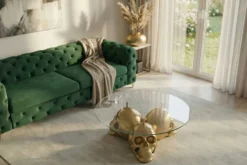 Design Couchtisch SKULL XXL 90cm gold rund Glasplatte Metall Totenkopf handmade